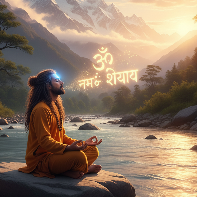 A sadhak (seeker) meditating peacefully on the banks of the holy Ganga River in the Himalayas, chanting 'Om Namah Shivaya' with golden sunlight reflecting on the water.