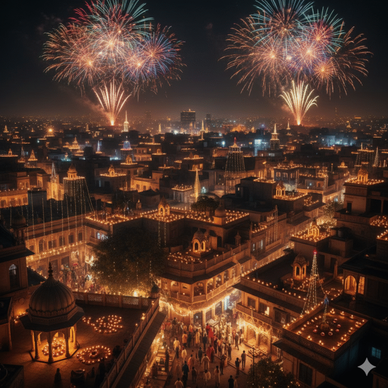 “A city glowing with thousands of diyas during Diwali night, symbolizing joy and togetherness.”
