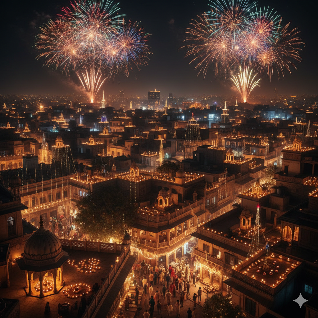 “A city glowing with thousands of diyas during Diwali night, symbolizing joy and togetherness.”