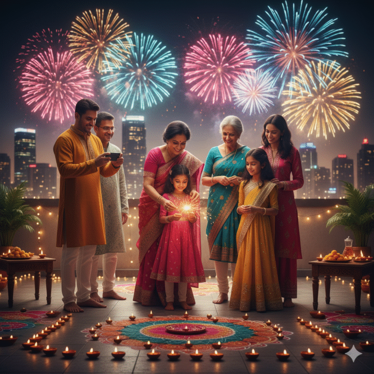 “A traditional Indian home decorated with diyas and rangoli on Diwali night symbolizing light over darkness.”