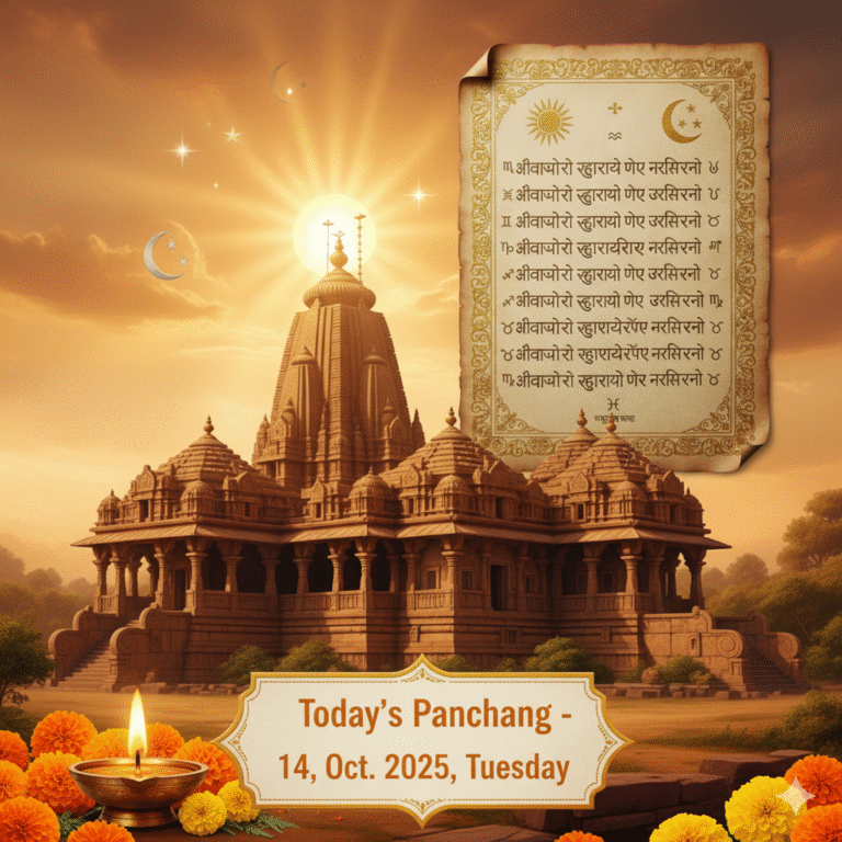 आज का पंचांग 14 अक्टूबर 2025, पलवल हरियाणा — हिंदू मंदिर के ऊपर उगते सूरज के साथ सुनहरे रंगों में बना पारंपरिक पंचांग चित्र, जिसमें सूर्य, चंद्र, दिया और मांडला बॉर्डर दिख रहे हैं।