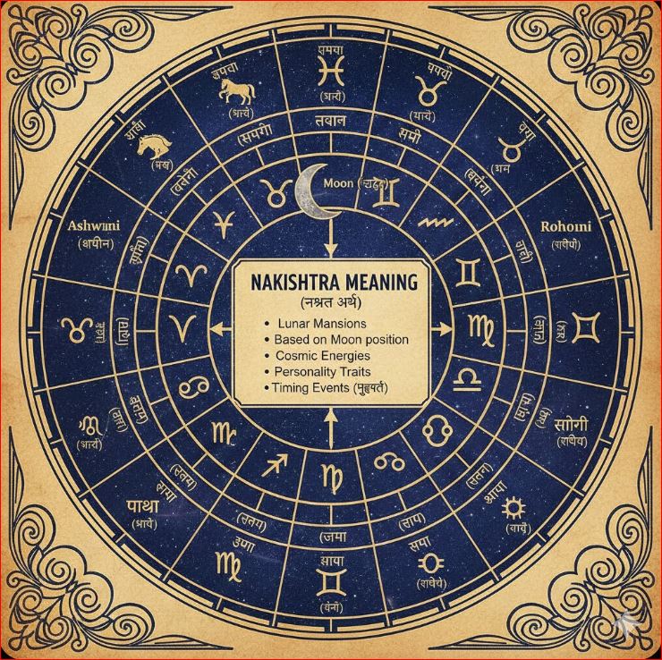 Chart showing 27 Nakshatras in a circle with Moon and Zodiac signs explaining Nakshatra meaning