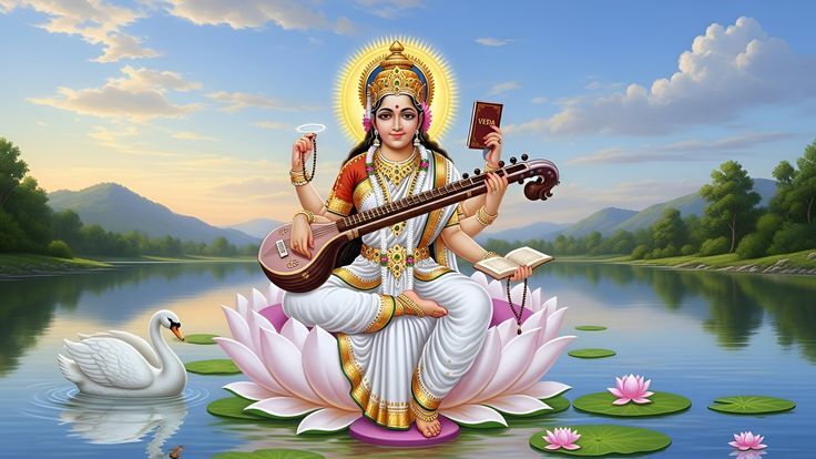 Divine-saraswati-playing-veena-on-swan