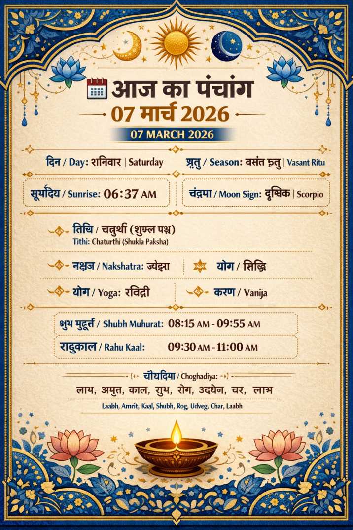 आज का पंचांग और शुभ-अशुभ समय 07 मार्च 2026